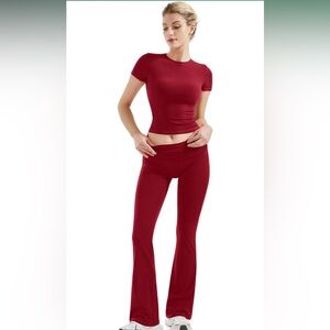 Solid round neck tee & flare leg pants two pc set